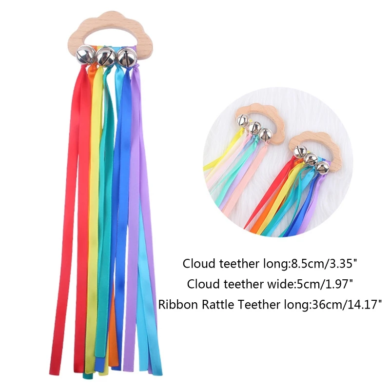 Baby Toys 36cm Rainbow Ribbon Wooden Rattles with 3 Bells Cartoon Cloud Shaped Wood Teethers Beech Teething Infants Toys