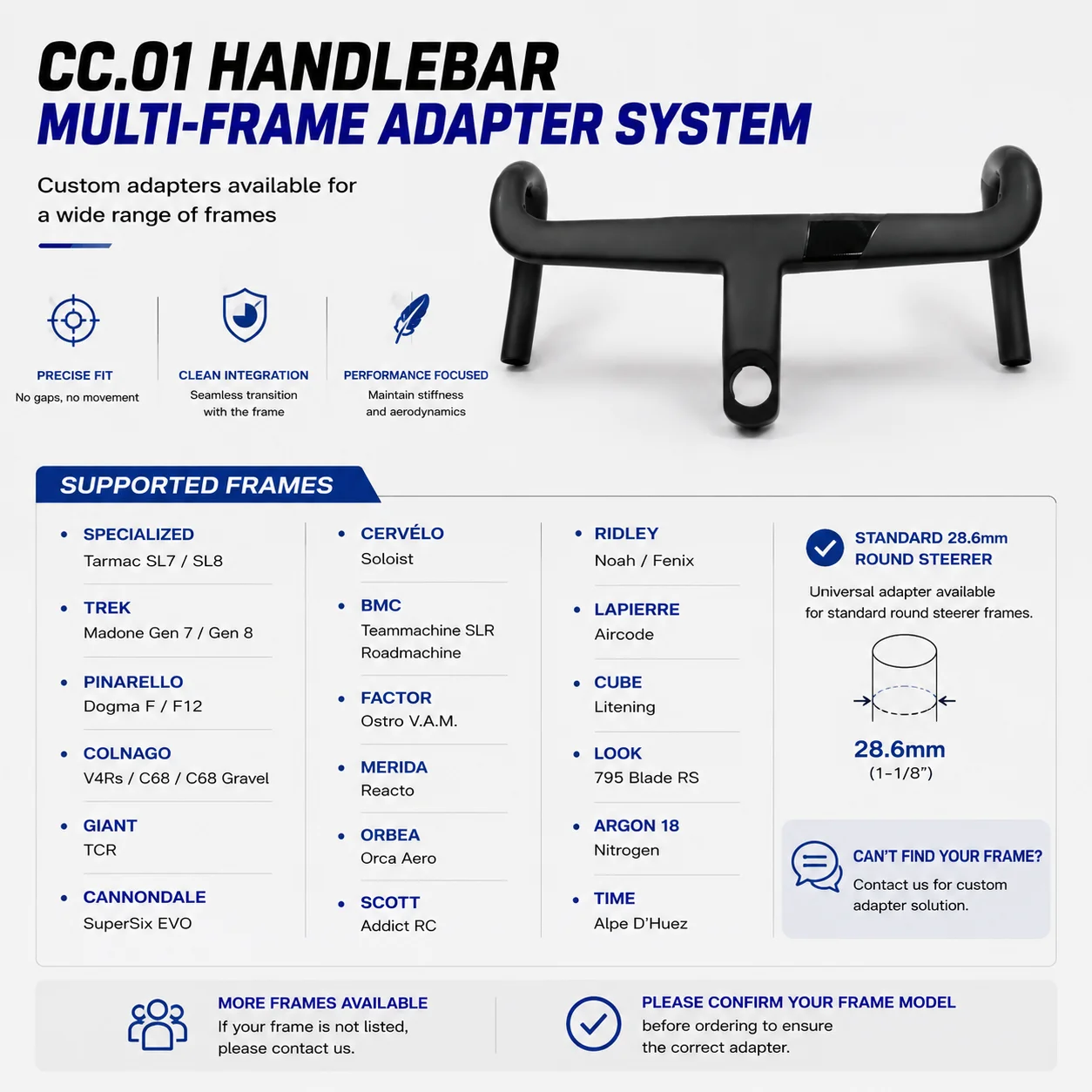 CC.01 T1000 Carbon Integrierter Rennrad-Lenker 28,6mm Interne Kabelführung Maßgefertigter Rahmenadapter für SL7 SL8 Madone Dogma – Detail 1