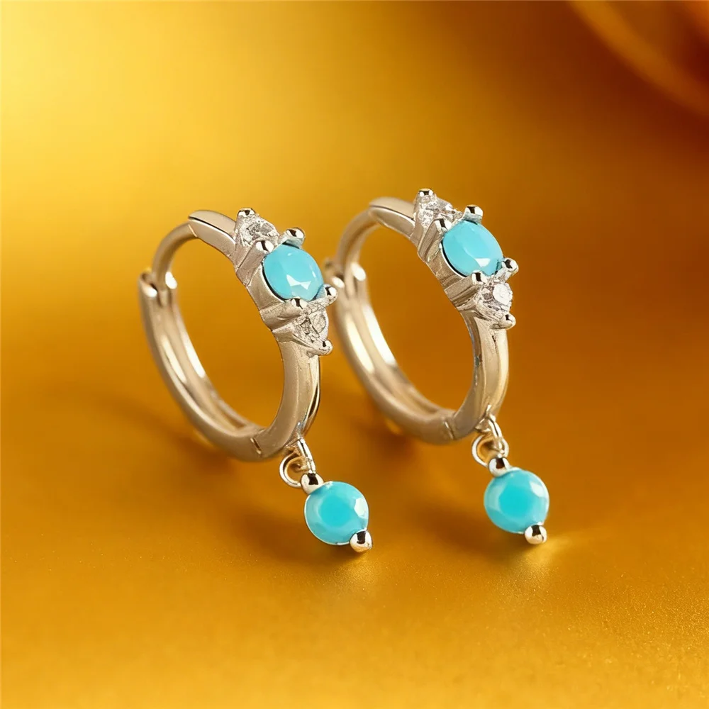 Cute Female Simulated Turquoise Stone Round Hoop Earrings Vintage Fashion Gold Color Wedding Jewelry For Women