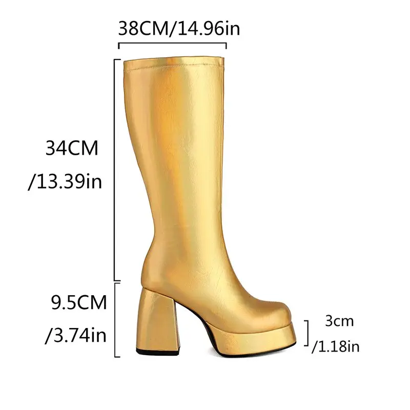 REAVE CAT Fashion Female Long Boots Round Toe Chunky Heels 9.5cm Platform 3cm Extended Size 47 US17 Sext Party Dating Bota