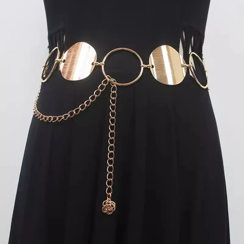 

Women's Runway Fashion Gold Silver Metal Chain Cummerbunds Female Dress Corsets Waistband Belts Decoration Wide Belt R686