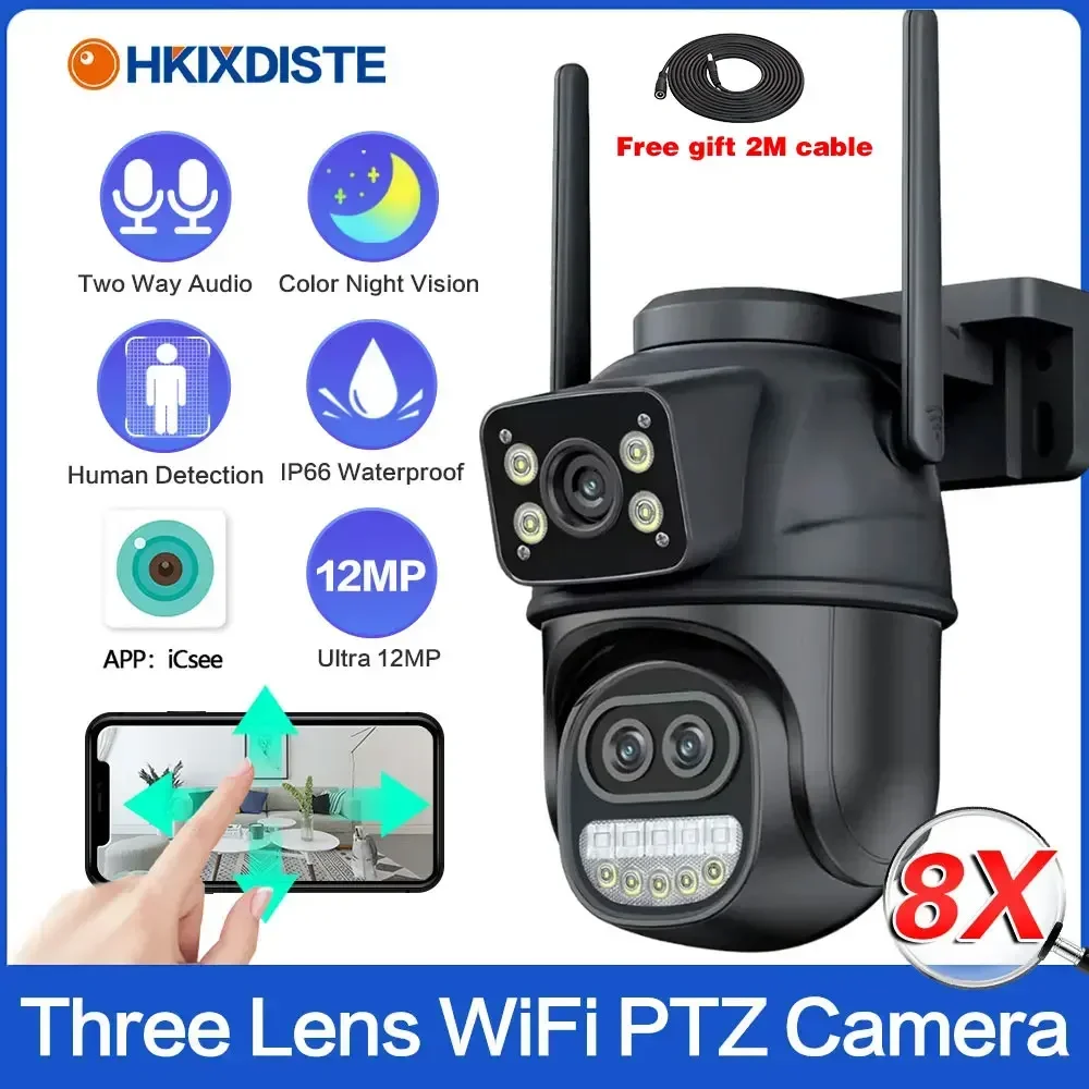 

ICSEE 12MP 4K CCTV WiFi IP Camera 8X Zoom Dual Lens Security Protection PTZ Video Surveillance Camera Auto Tracking 8MP XMEYE