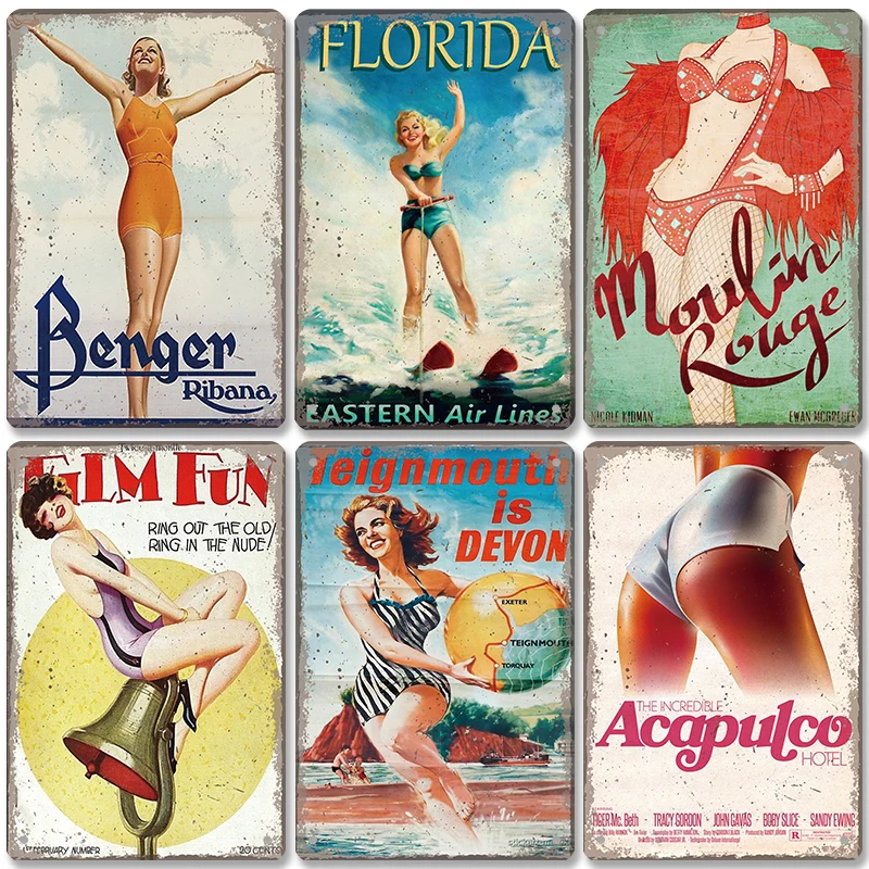Pin Up Girls Summer Holiday Poster Vintage Metal Tin Signs Island Vacation Metal Plaque Wall Decor for Surfing Club Bar Pub Home
