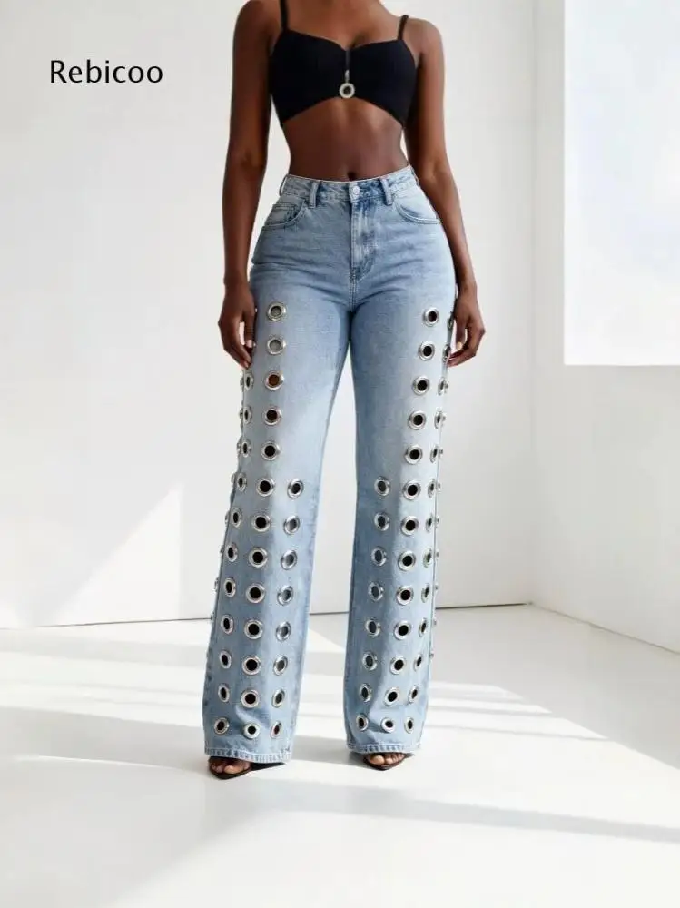 Womens High Waisted Denim Wide Leg Trousers Metal Eyelet Cutout Side Decor Button Closure Casual Party Streetwear Jeans