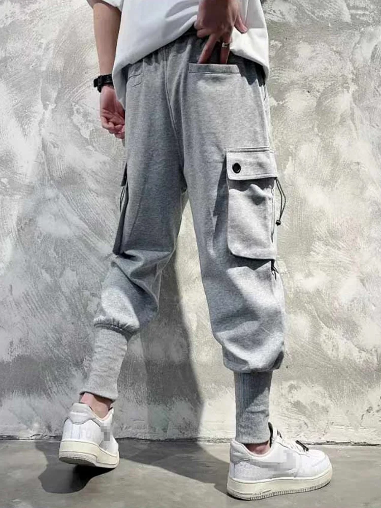 Mens Elastic Waist Loose Fit Harem Pants Pocket Hip Hop Spring New Joggers Pants Streetwear Grey Long Trousers New Cargo Pants