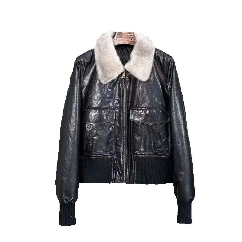women coat winter new fashion short length lining is down jacket genuine leather Mink fur collar clothes thick warm