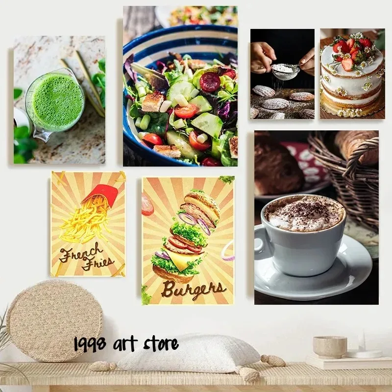 Современный стиль, печать на холсте без рамы, кухонные художественные салаты, кофейные зерна, гамбургеры, хлебные кошки
