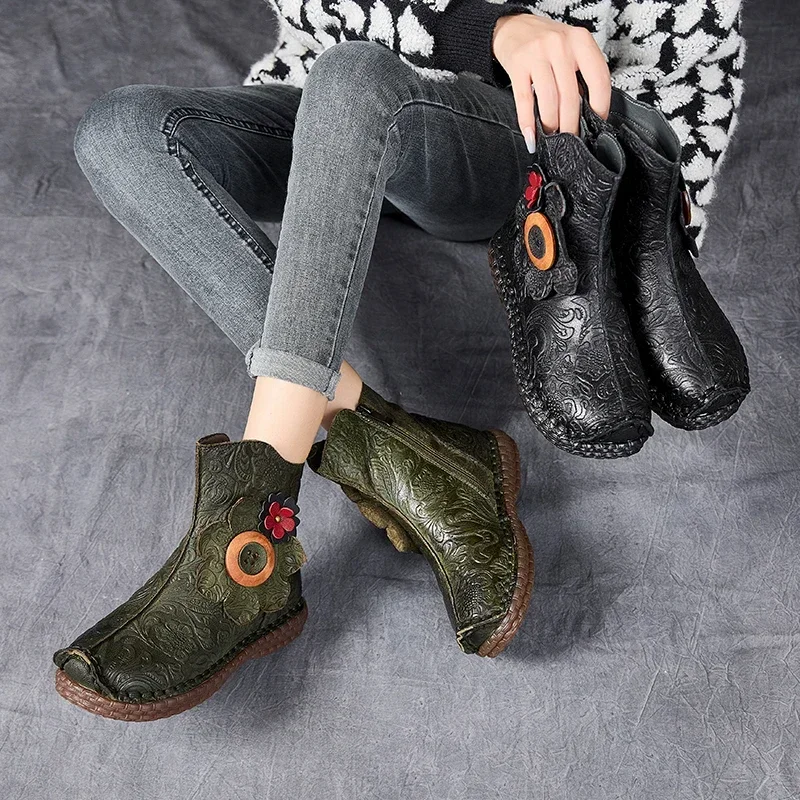 Koznoy 3cm Woman Embossed Genuine Leather Moccasins Platform Wedge Autumn Booties Ethnic Flats Ankle Boots Spring PUNK Shoes