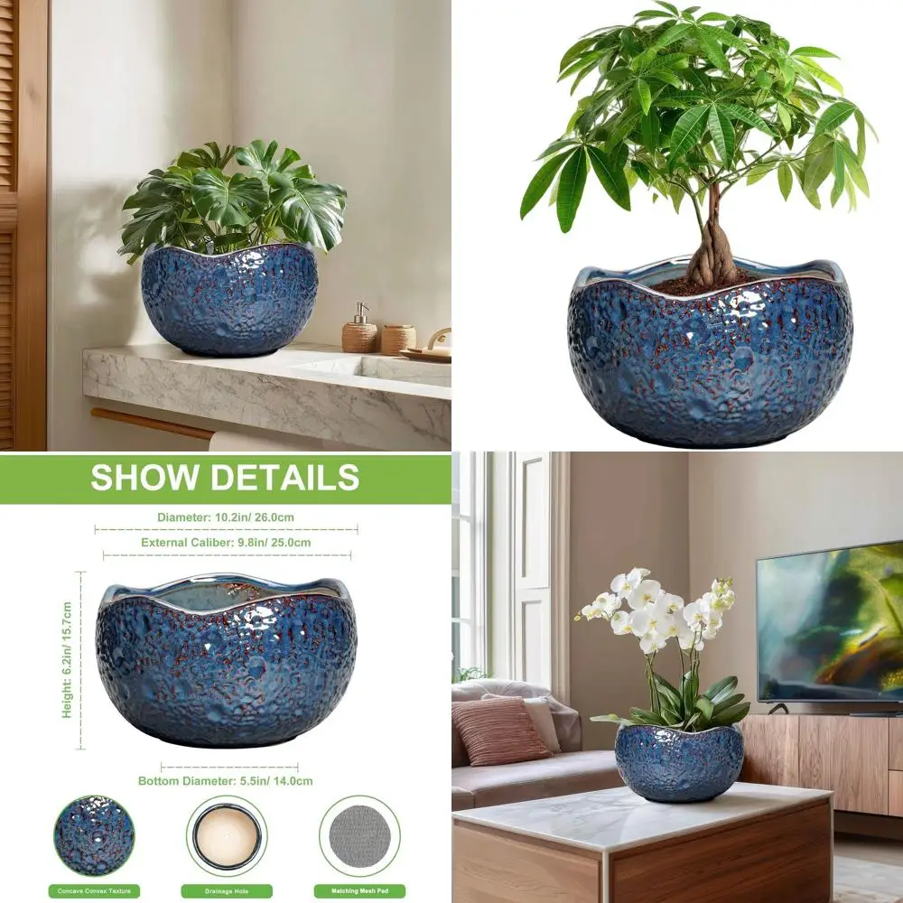 

10-дюймовый круглый керамический горшок-бансай для улицы и помещения с дренажем, современный декоративный цветочный горшок, подарок для домашнего декора, ретро-бло