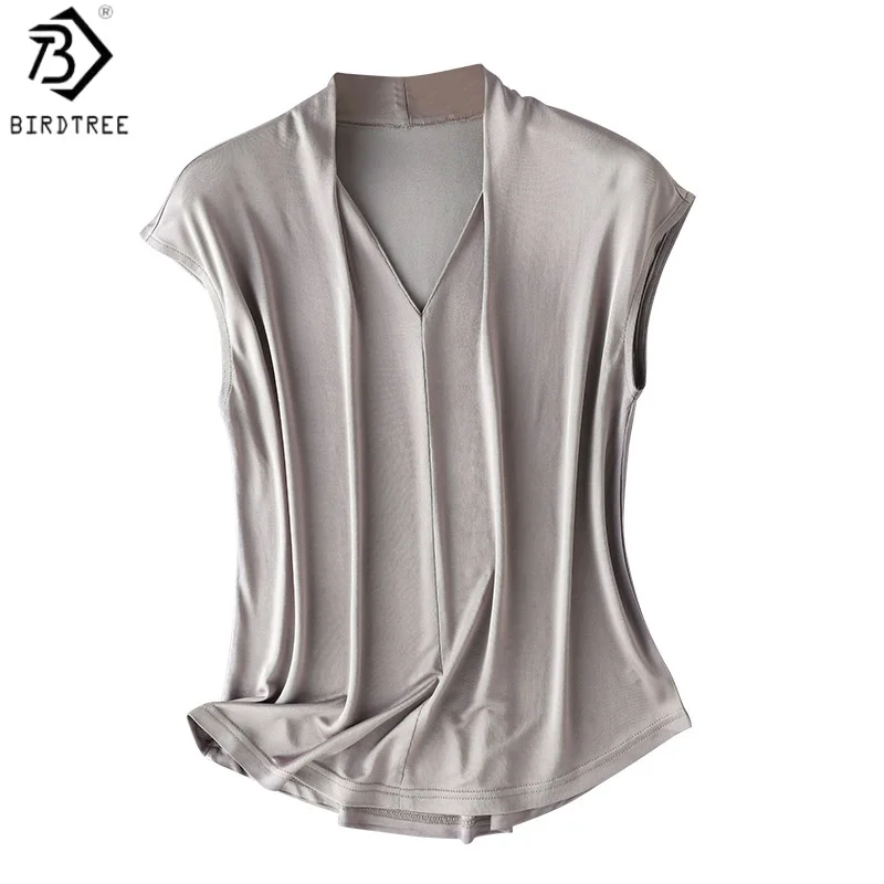 Birdtree, 23% Silk 77% Viscose Solid T Shirt, V-Neck Soft Basics Tops, Women's Sleeveless Casual Shirt, 2026 Spring New T62216JF