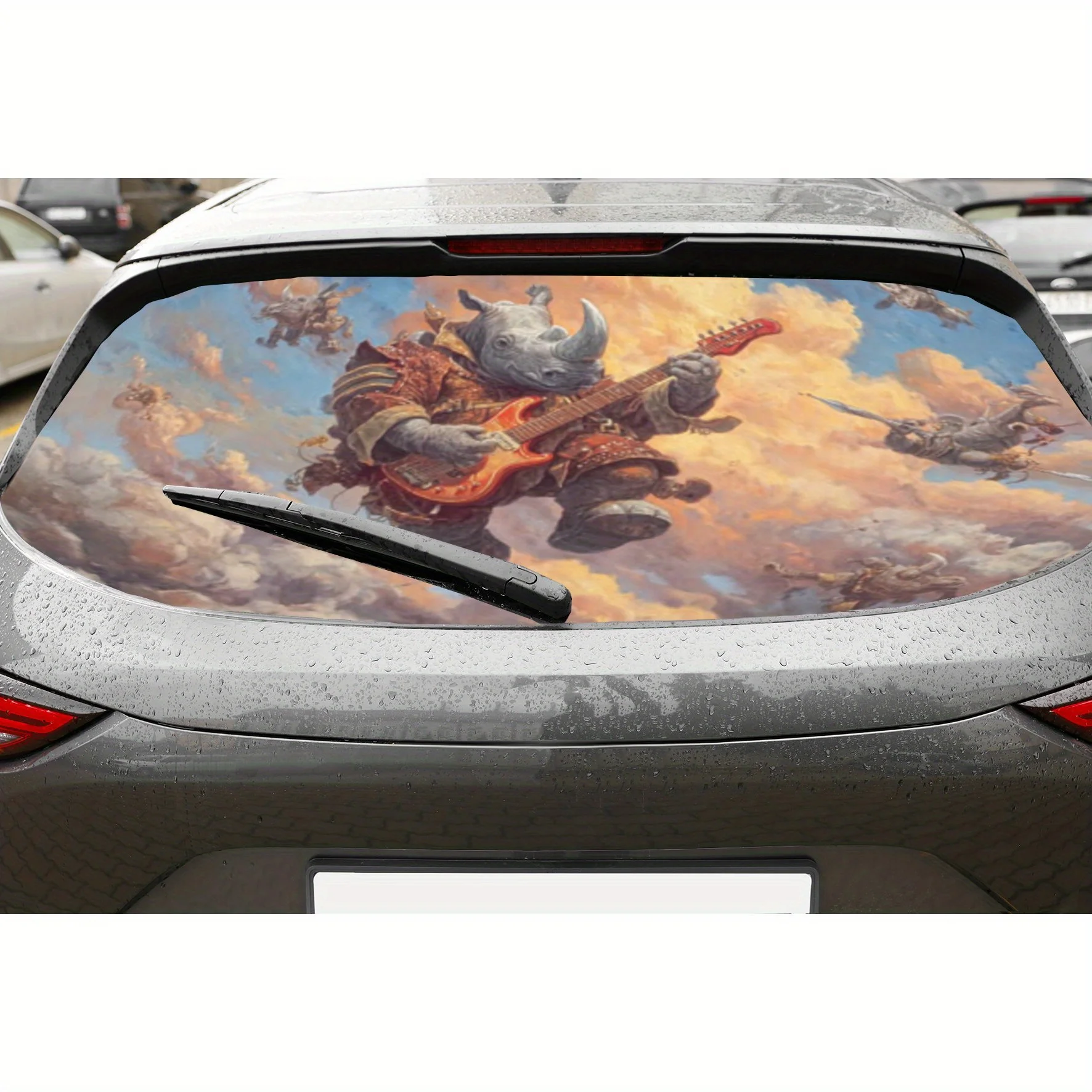 

Rhino playing guitar PVC material self-adhesive waterproof car rear window sticker, easy to paste without falling off, waterproo