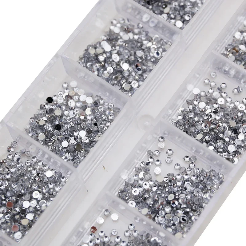 2000Pcs 2mm Clear Silver Rhinestones, Flatback Nail Gems, with Storage Organizer Box for DIY Nail Art Decoration