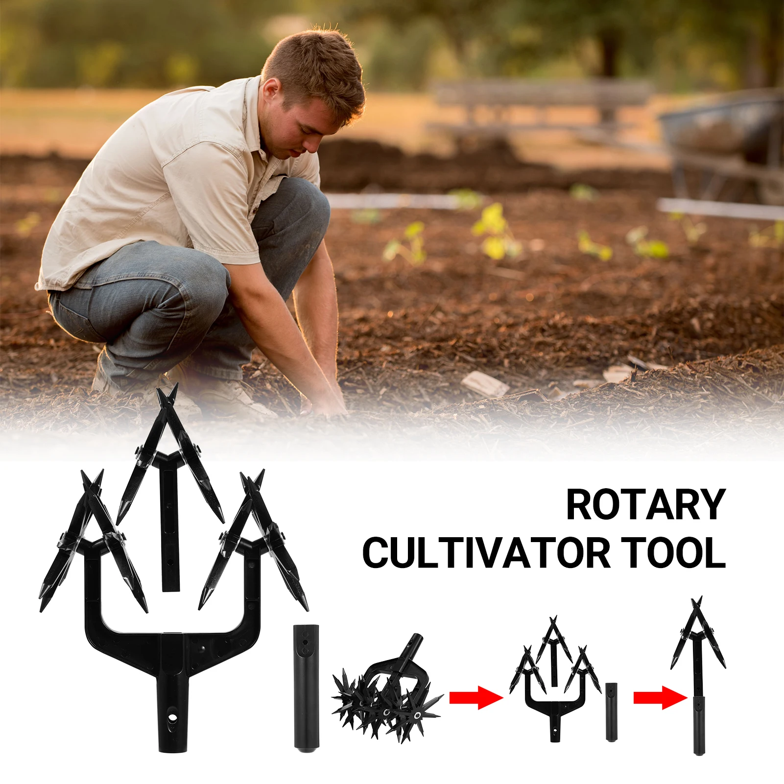 Rotary Cultivator Tool Set Hand Held Garden Cultivator with Detachable Tines 2-In-1 Garden Soil Scarifier Reseeding Grass