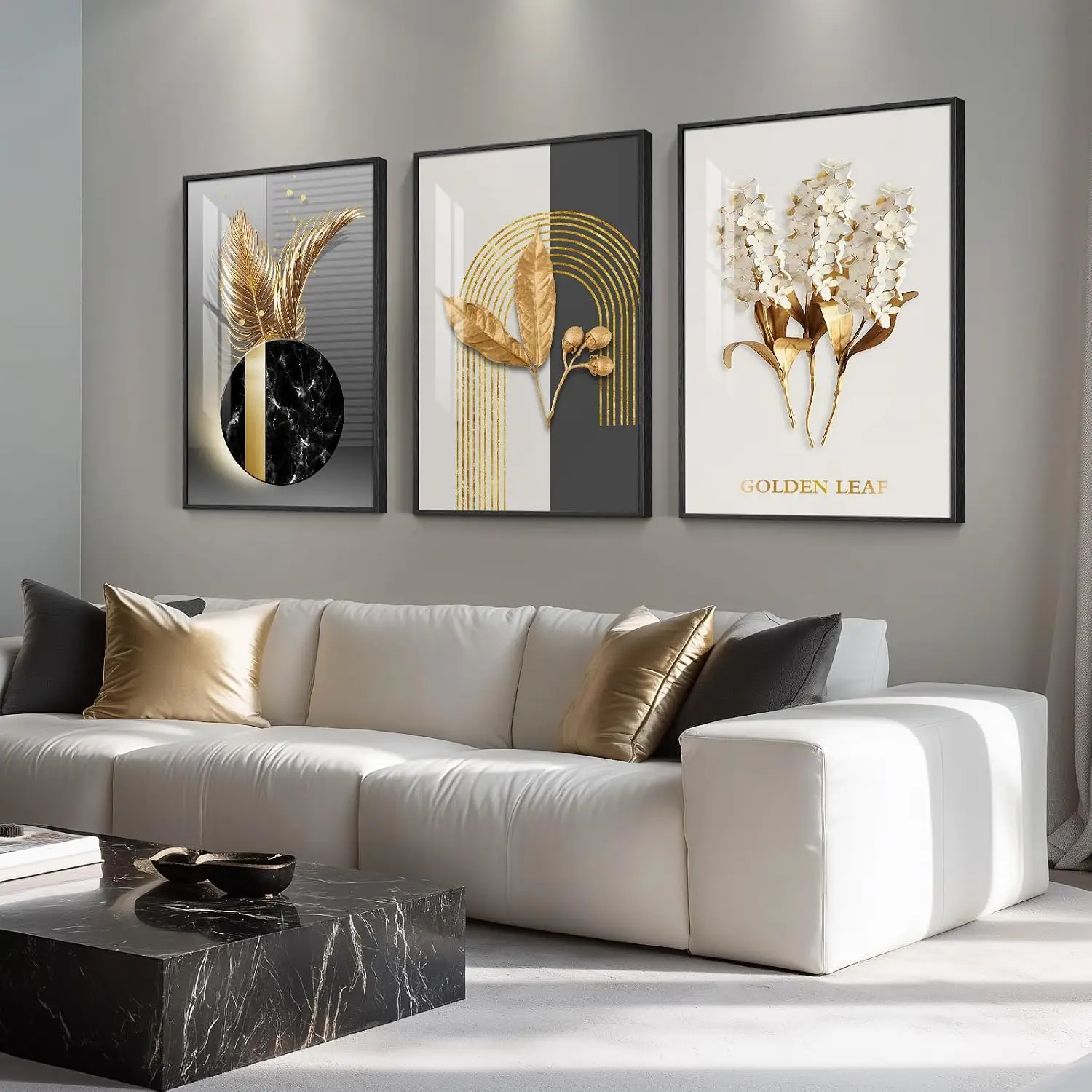 3 Piece 24x36 Inch Large Framed Modern Luxury Wall Art Living Room Black White Gold Art Prints Crystal Coating Wall Pictures Con