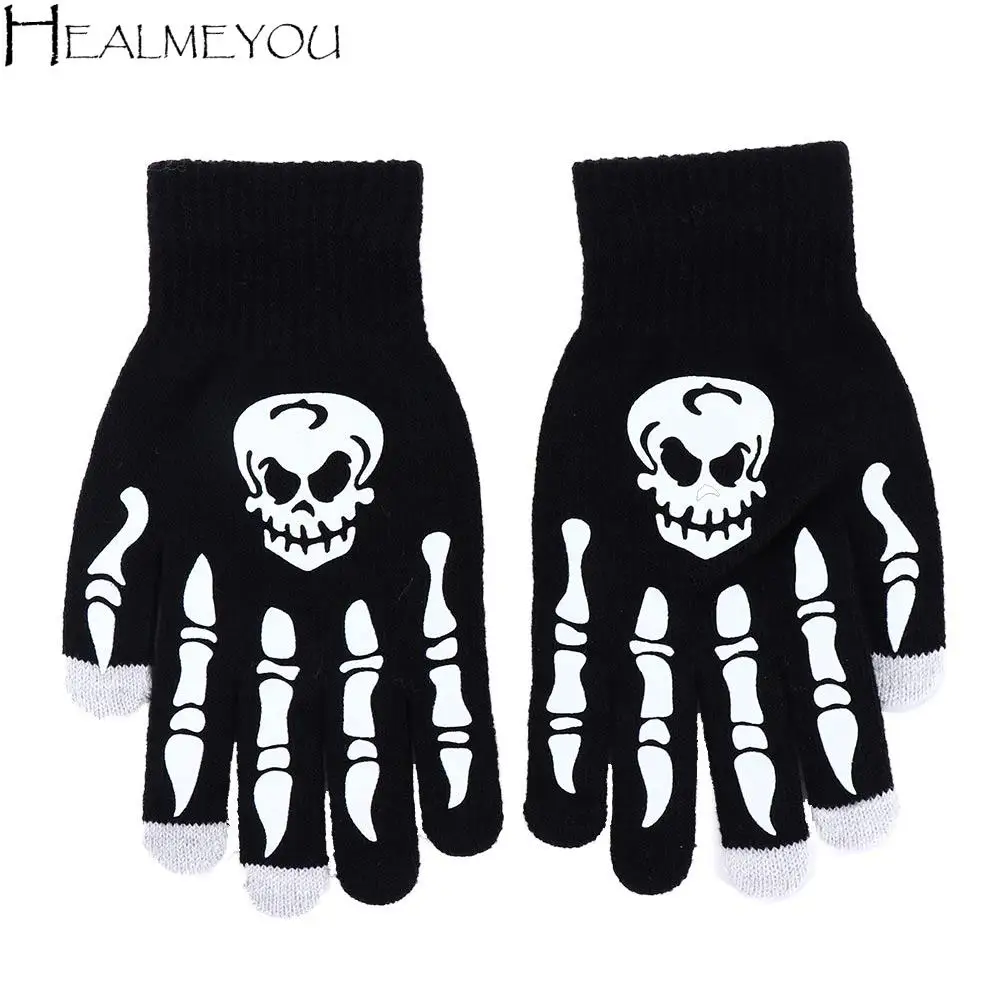 Sarung Tangan Setengah Jari & Sarung Tangan Jari Penuh Bercahaya untuk Pria, Aksesoris Fashion untuk Halloween, Motif Tengkorak, Menjaga Kehangatan Tulang Tangan, Cocok untuk Aktivitas Luar Ruangan