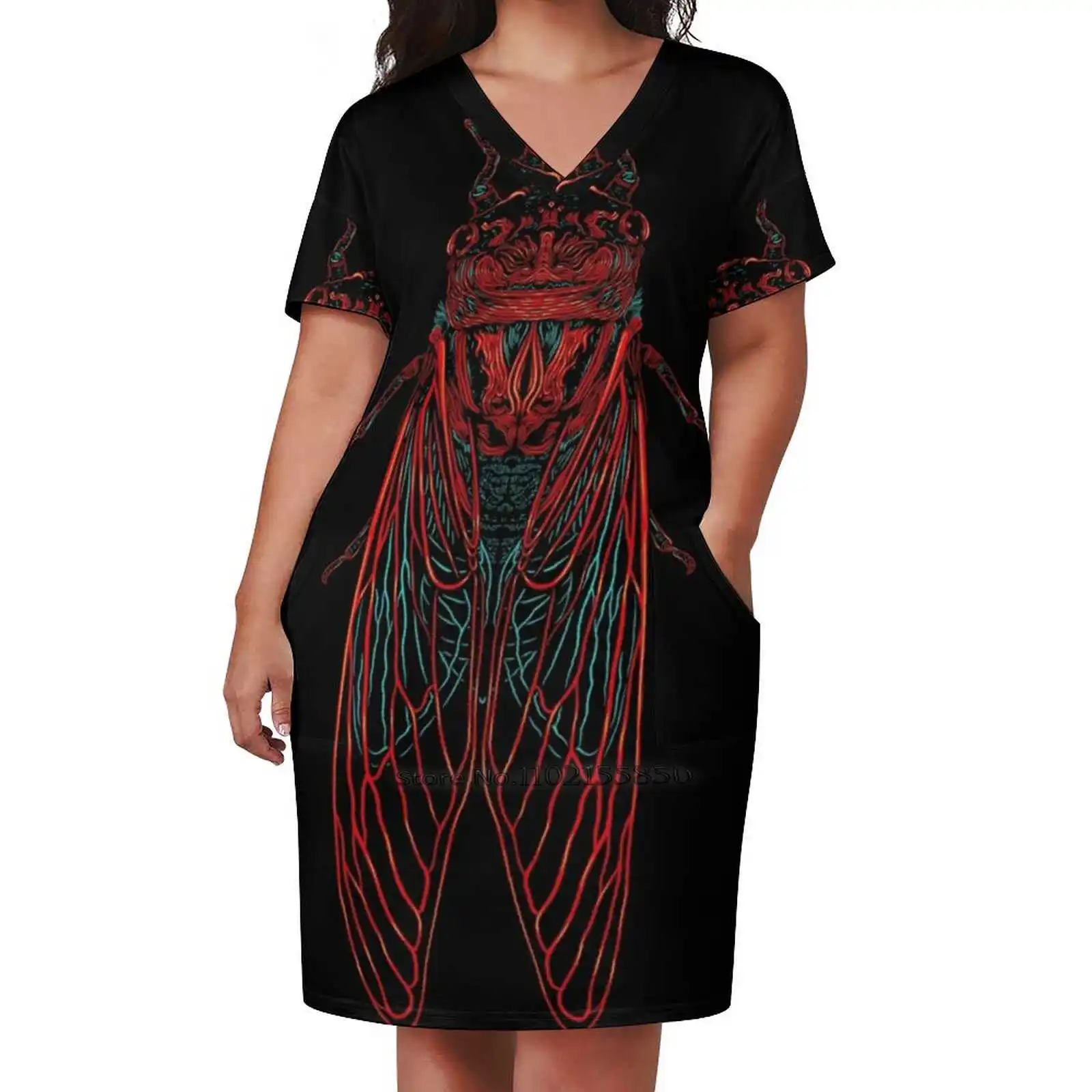 Cicada Loose Pocket Dress Print Short Sleeve Dresses V-Neck Dress 5Xl Cicada Insect Flying Bug Winged Y2K Dresses For