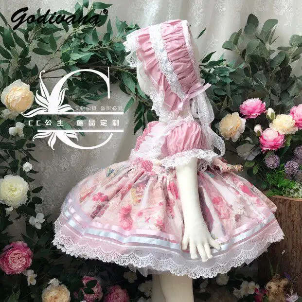 Original Sweet Baby Girls Spanish Court Lolita Princess Dress Kids Pink Fairy Gauze Cartoon Print Lace Trim Birthday Ball Gown
