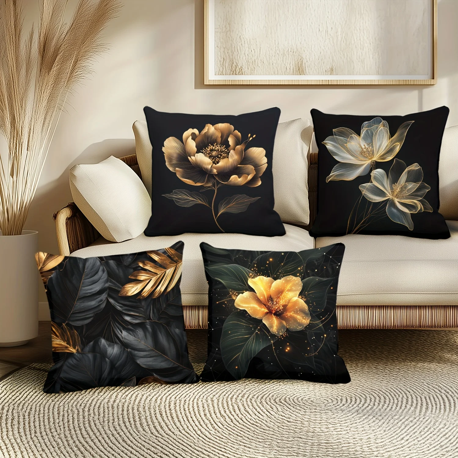 4 Pack Elegant Black Cushion Covers 45x45cm Artistic Gold Flower & Leaf Prints with Sparkle Detail for Modern Living Room