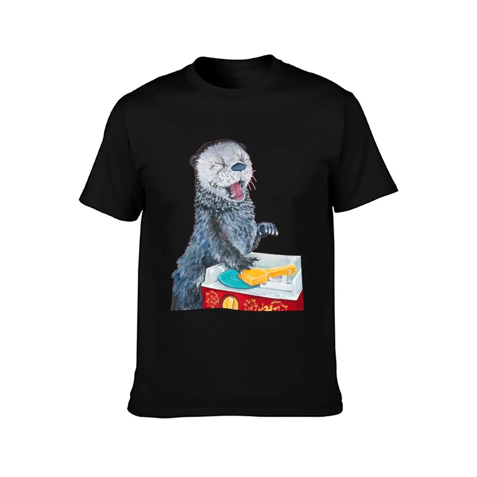 Rectangular ReDesign of Original Artwork Otter with Vintage Children's record Player toy with white background T-Shirt