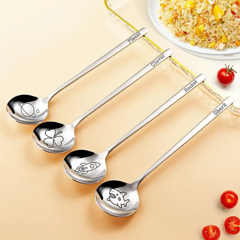 Cartoon 304 Stainless Steel Round Head Large Spoon Food Grade Flat Bottom Deep Soup Spoon Home Use Rice Spoon For Children