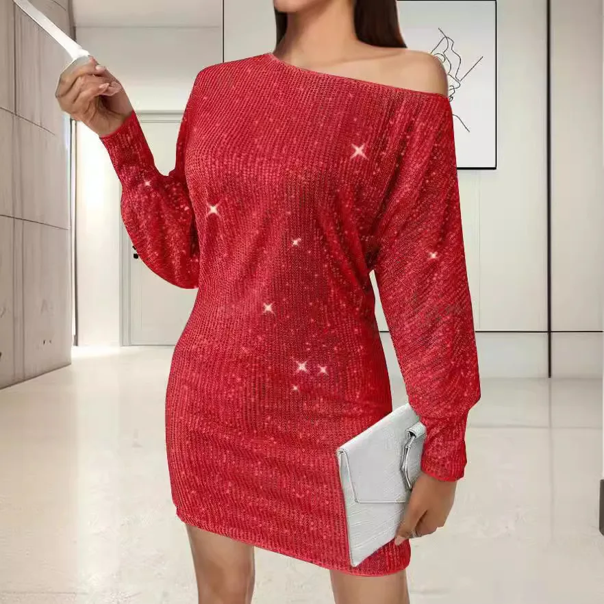 Vestido Midi Sexy de Manga Longa com Lantejoulas Verão 2024 Moda Fena Transfronteiriça Vestido de Poliéster Tricotado Bri...