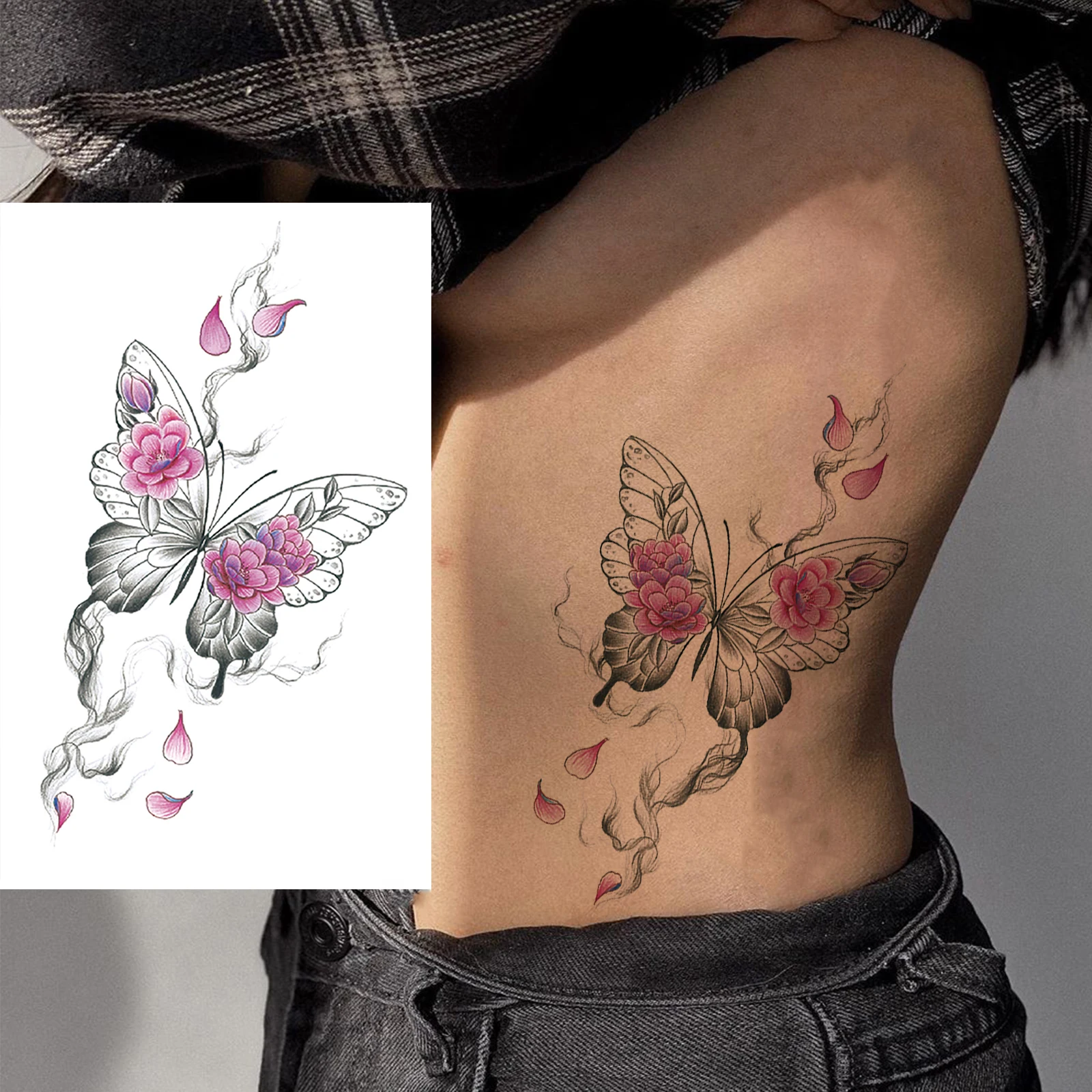 1 ورقة مثير فراشة البرقوق الوردي الوشم المؤقت للنساء الفتيات المائية وهمية زهرة الوشم كم للماء الديكور #4