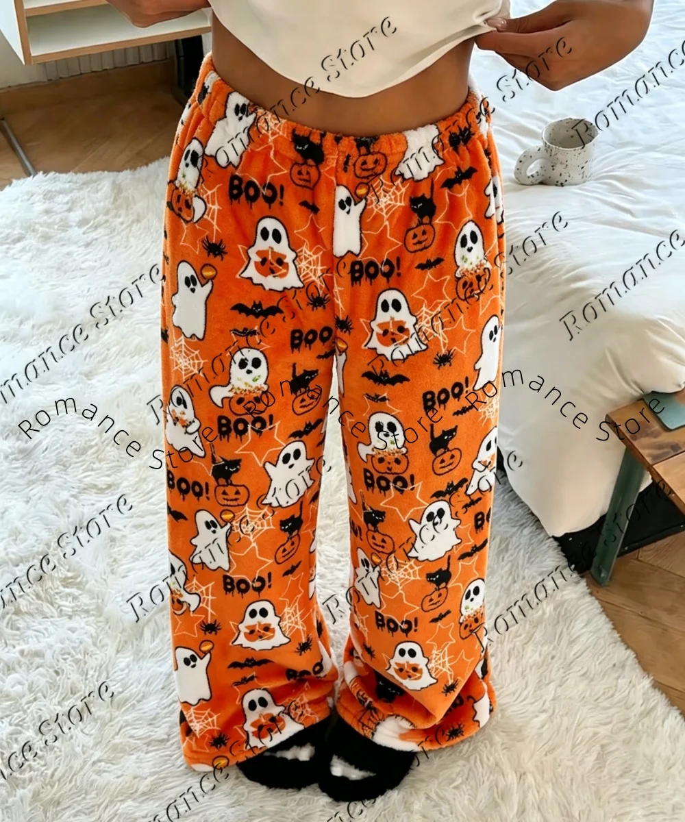New Women Flannel Halloween Lounge Pants Cute Ghost Pumpkin Bat Cat Elastic Warm Loose Casual Home Autumn Winter Bottom Trousers