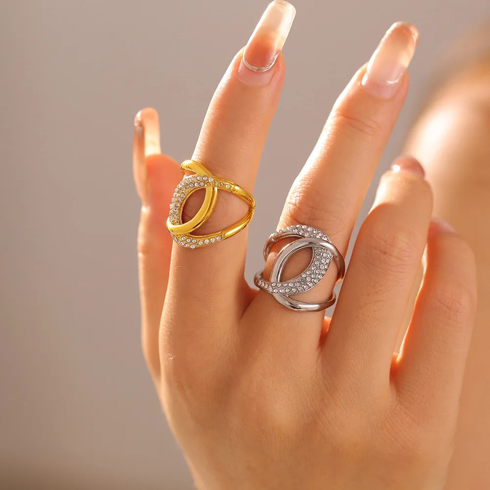 Trendy C Shape Hip Hop Rings for Women Luxury Inlaid Zircon Index Ring Stainless Steel Gold-plated Waterproof Party Jewelry Gift