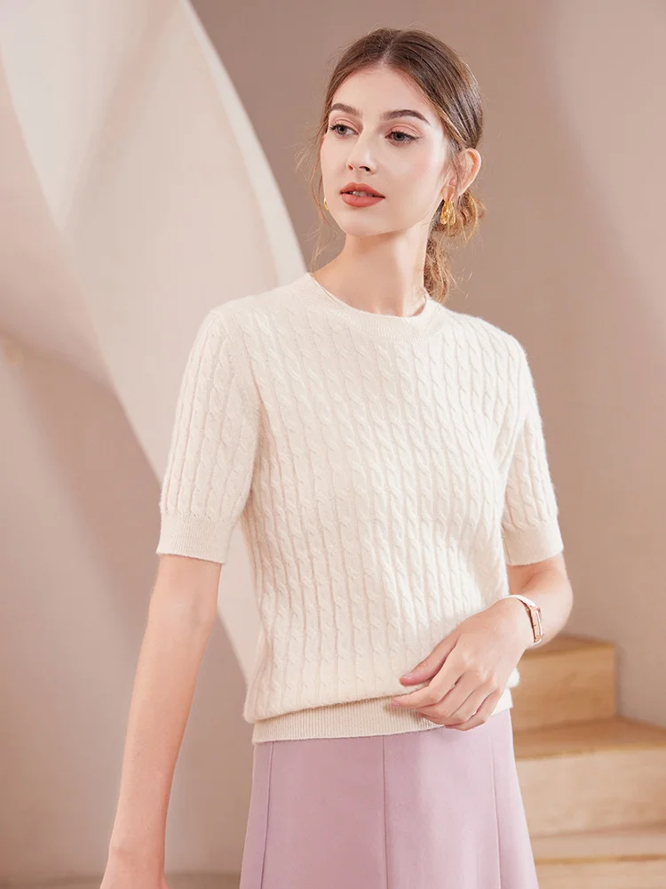 Women's 100% Goat Cashmere Sweater O-neck Twisted Mid Sleeve Pullovers Autumn Winter Thick Basic Simple Style Cashmere Knitwear