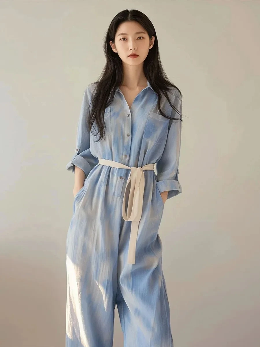 Simple Commute Summer Jumpsuits 2026 New Loose Thin Contrasting Color Versatile Lace Up Curled Sleeve Shirt Jumpsuit 2XL