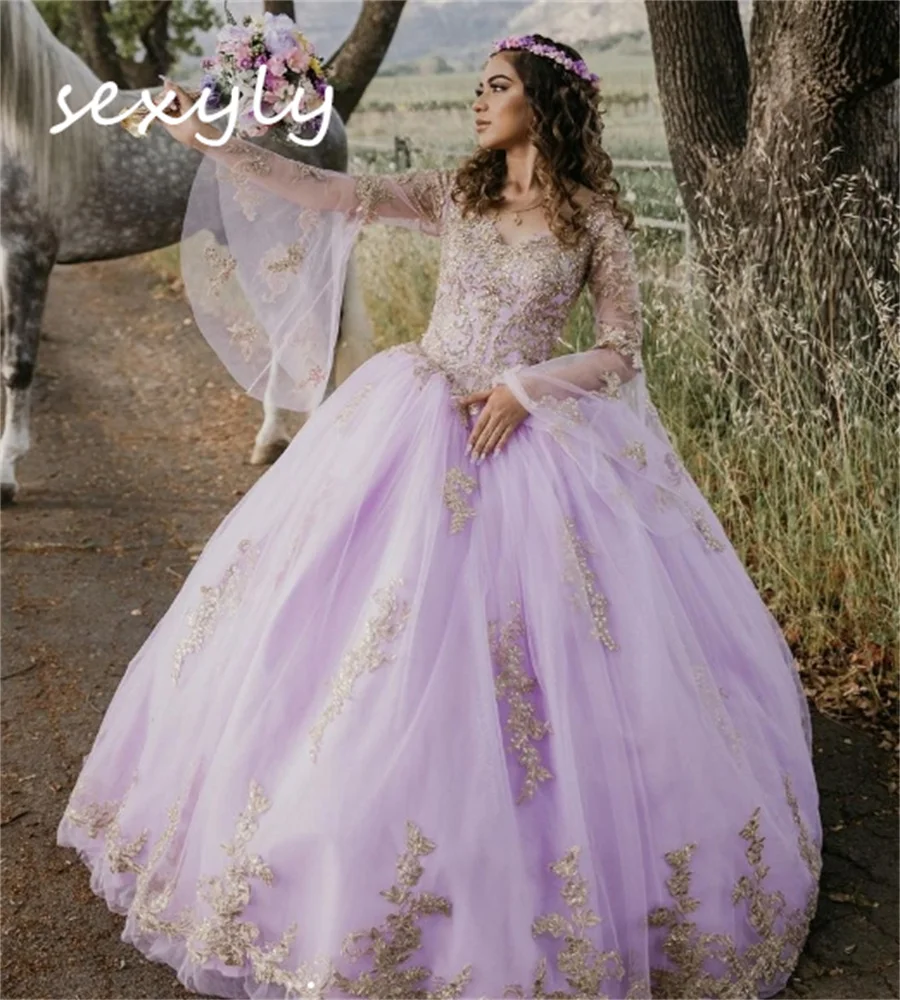 Fada luz roxa vestidos de 15 quinceañera princesa mangas fuff vestidos de 15 anos apliques rendas aniversário baile personalizado