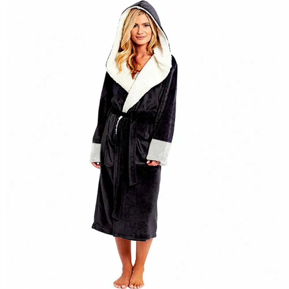 Ladies Long Fleece Bathrobe Warm Winter Dressing Gown Cozy Plush Sleepwear Soft Housecoat With Belt Elegant Nightwear Robe