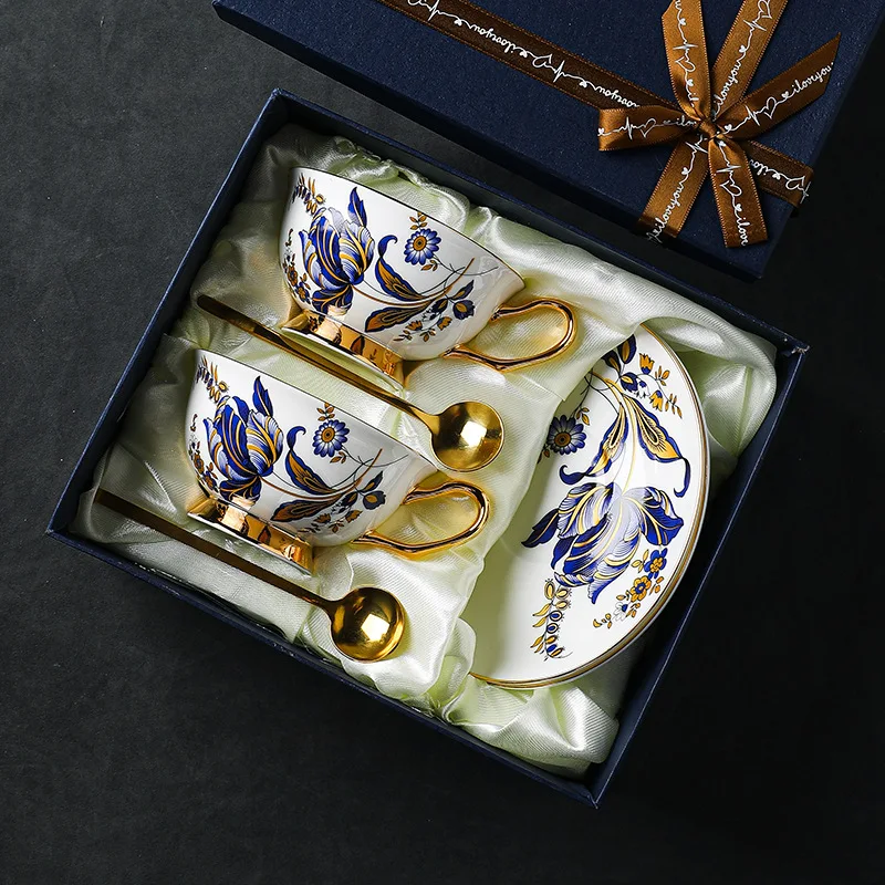 Exquisite Luxury Coffee Cup Gift Box Set with Elegant Blue Flower Pattern Bone China Holiday Gift