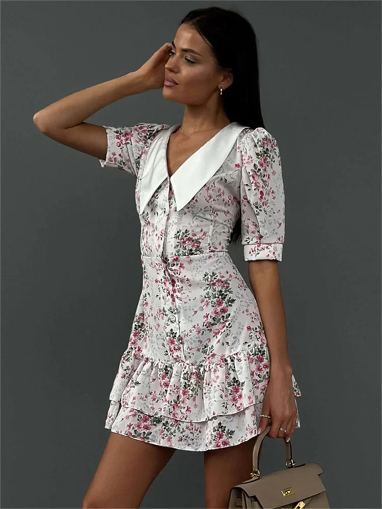 Tossy Printed Ruffled V-Neck Mini Dress Female Short Sleeve Fashion Slim High Waist Elegant Party Dress Women\'s Summer Dress New