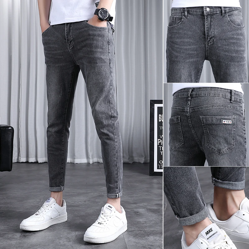 

Slim Fit Men's Jeans Trendy Casual Nine Point Pants Spring Autumn New Sle Korean Version Versatile Waed mid Waist Zipper