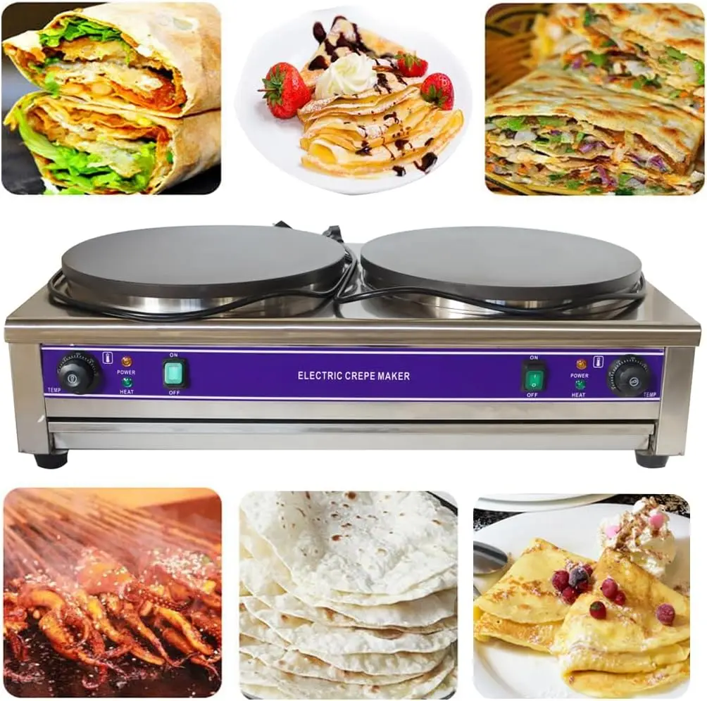 220V Double Electric Crepe Maker 3KW×2 Commercial Pancake Maker Nonstick Pan Griddle Machine Pot for Blintzes Eggs Bacon