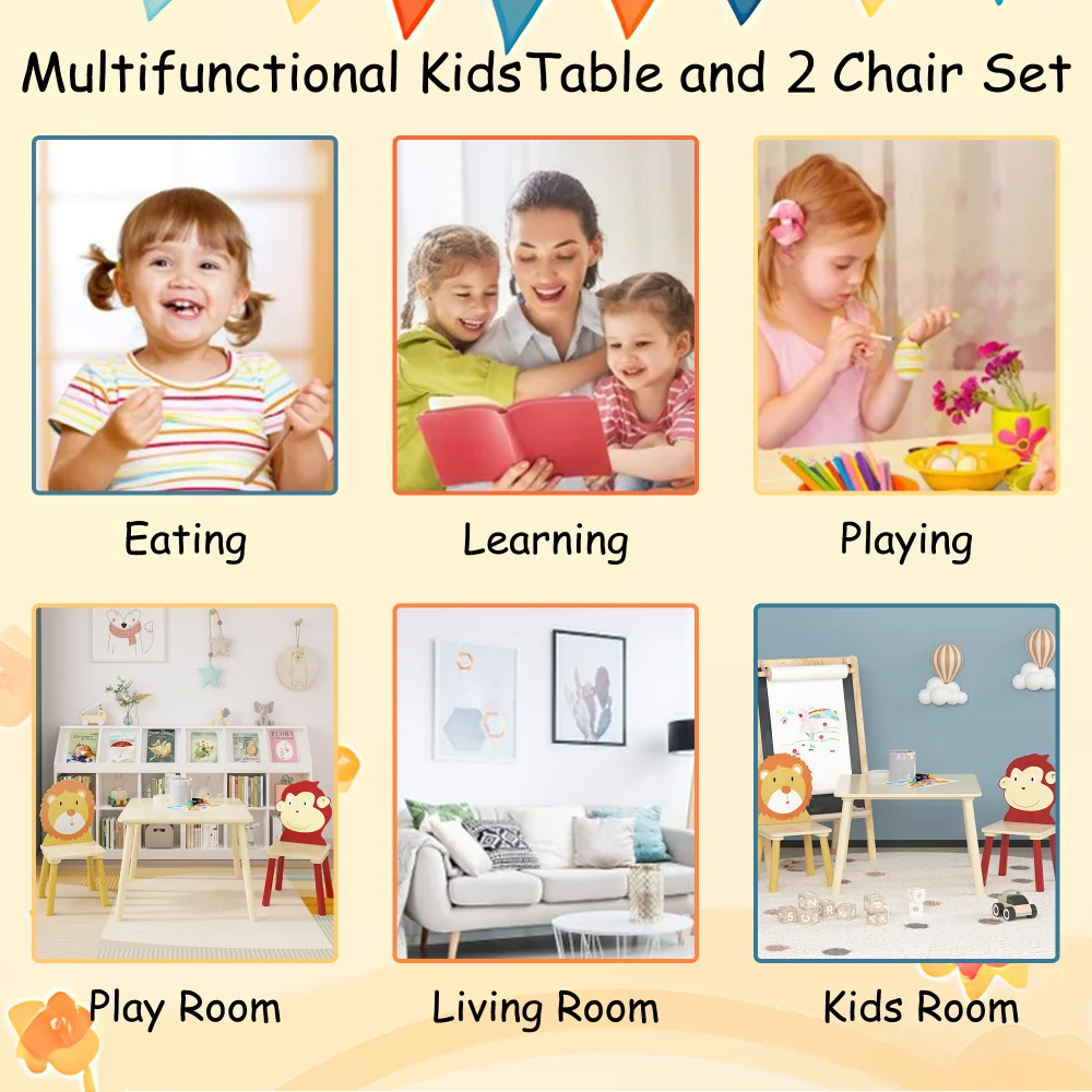 Orraves Kids Table and 2 Chairs Set, 3 Pieces Toddler Table and Chair Set, Wooden Activity Play Table Set (Lion&Monkey)