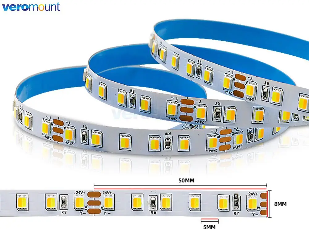 Tira de luces LED de 12V, 24V CC, SMD 2835, CCT, 120, 180 LED/m, Chip CCT Dual, blanco, Flexible, IP20, 8mm, 10mm, PCB