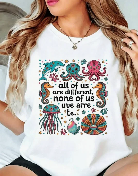 2026 Fashion New Women Summer Crew Neck Short Sleeve T Shirt All Of Us Are Different Neurodivergent Letter Print Ocean Lover Daily Casual Basic Top Tee