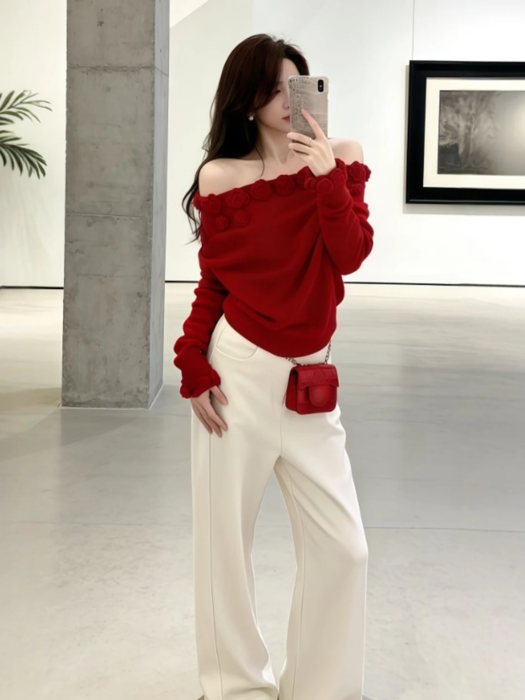 

Красный свободный вязаный свитер на одно плечо, нежный и красивый, весенний, модный, женский, с длинным рукавом, круглым вырезом и декоративной нашивкой