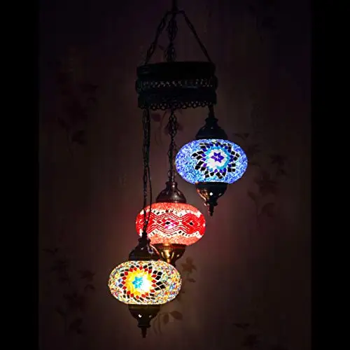 LaModaHome 35 + Unique Colors, 2020 Customizable Chandelier 3 Globes + Free 3 Bulbs, stunning Mosaic Turkish Lamp Moroccan Light