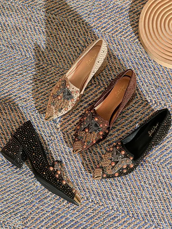 Elegant Pointed Toe mid Heel Single Shoes Fashionable Rhinestone Shoes Retro Thick Heel Pointed Toe Single Shoes for Women