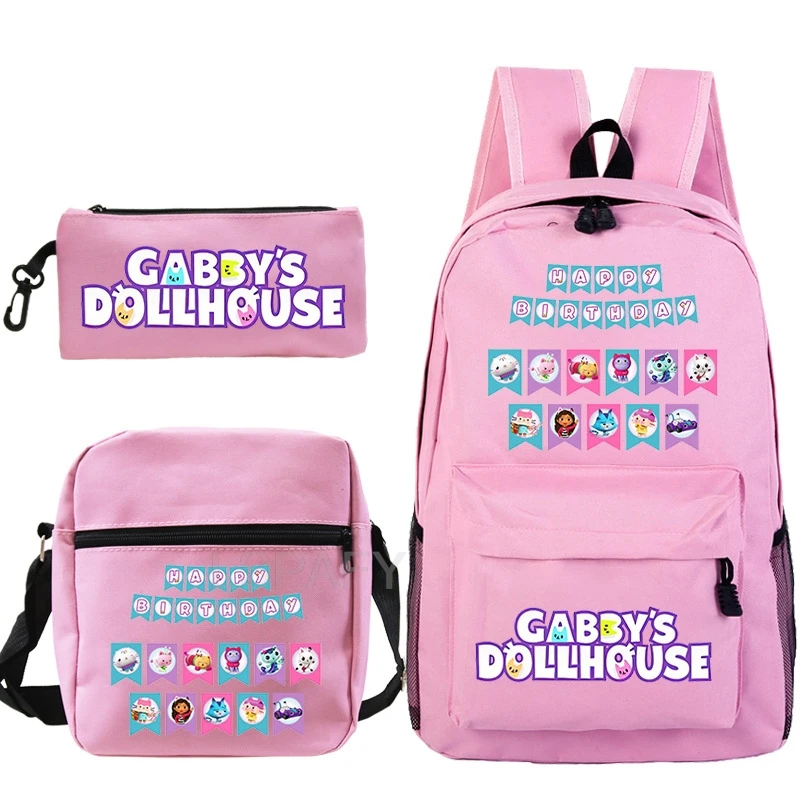 3 Pcs Set Gabbys Dollhouse Backpack Boy Girl Cartoon School Knapsack Kids Bookbag Students School Gift Teens Travel Bag Mochila