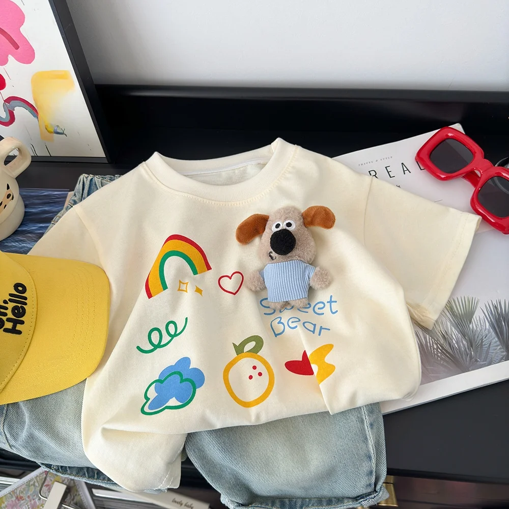 

Loose Short Sleeve T-Shirt Children's Summer Wear Cartoon Doll Base Shirt Boys Girls Fashionable Korean Style Underwear