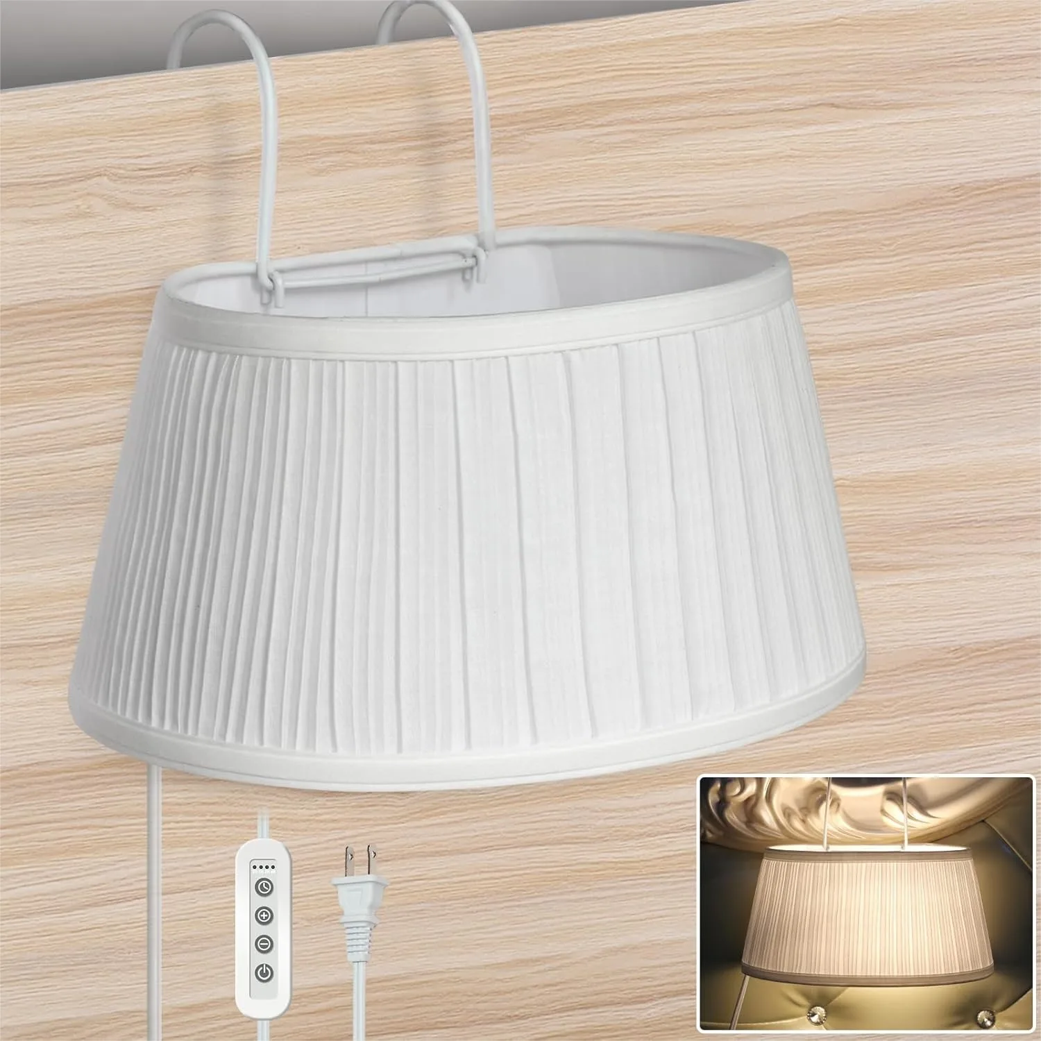 

Bed Reading Light with Adjustable Hook, Eye Caring Soft Fabric Shade Plug in Lamp, LED Bulb Included, 2700K Warm White