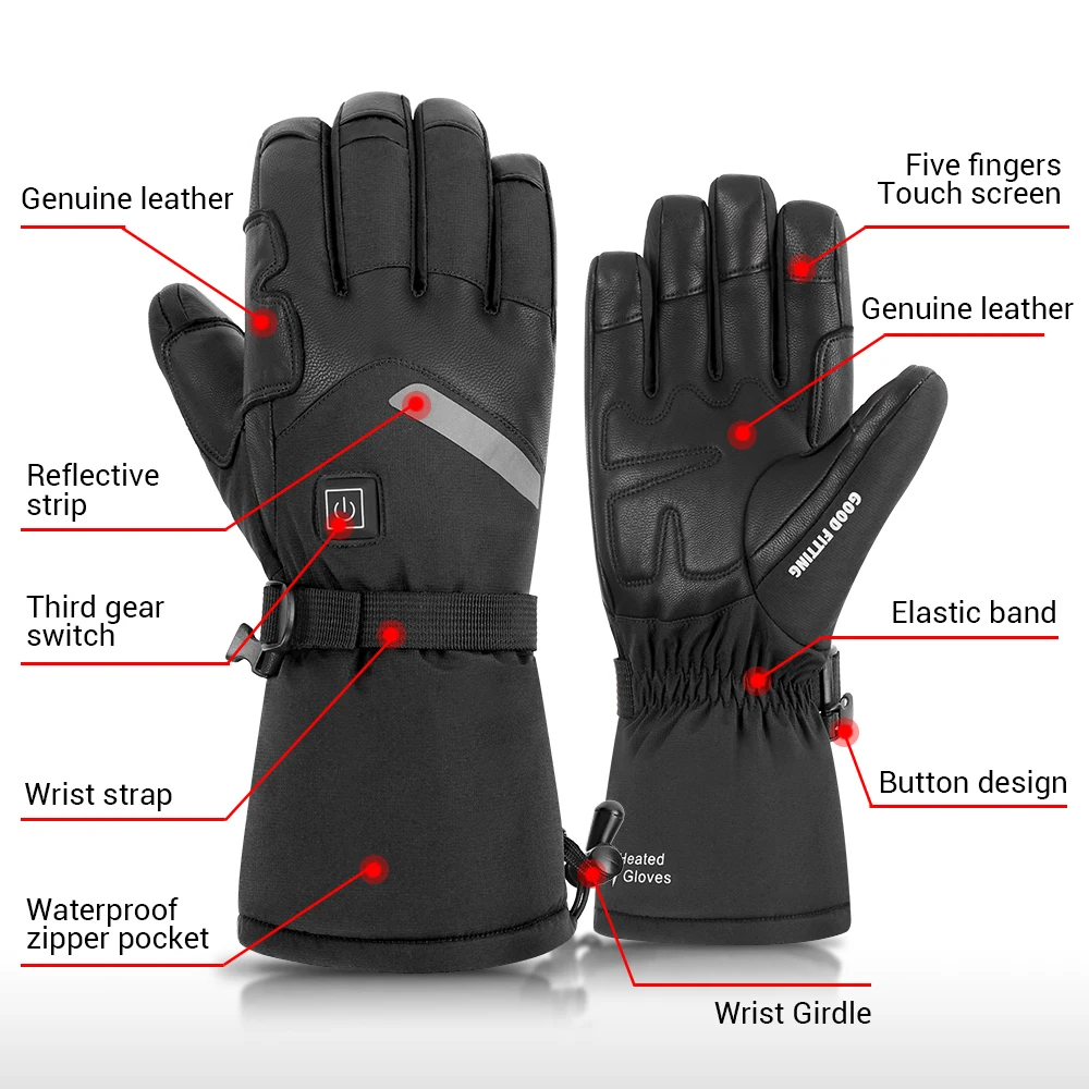 Winter Motorcycle Heated Gloves Men Waterproof Thermal Electric Heating Gloves Touch Screen Battery Powered Skiing Gloves