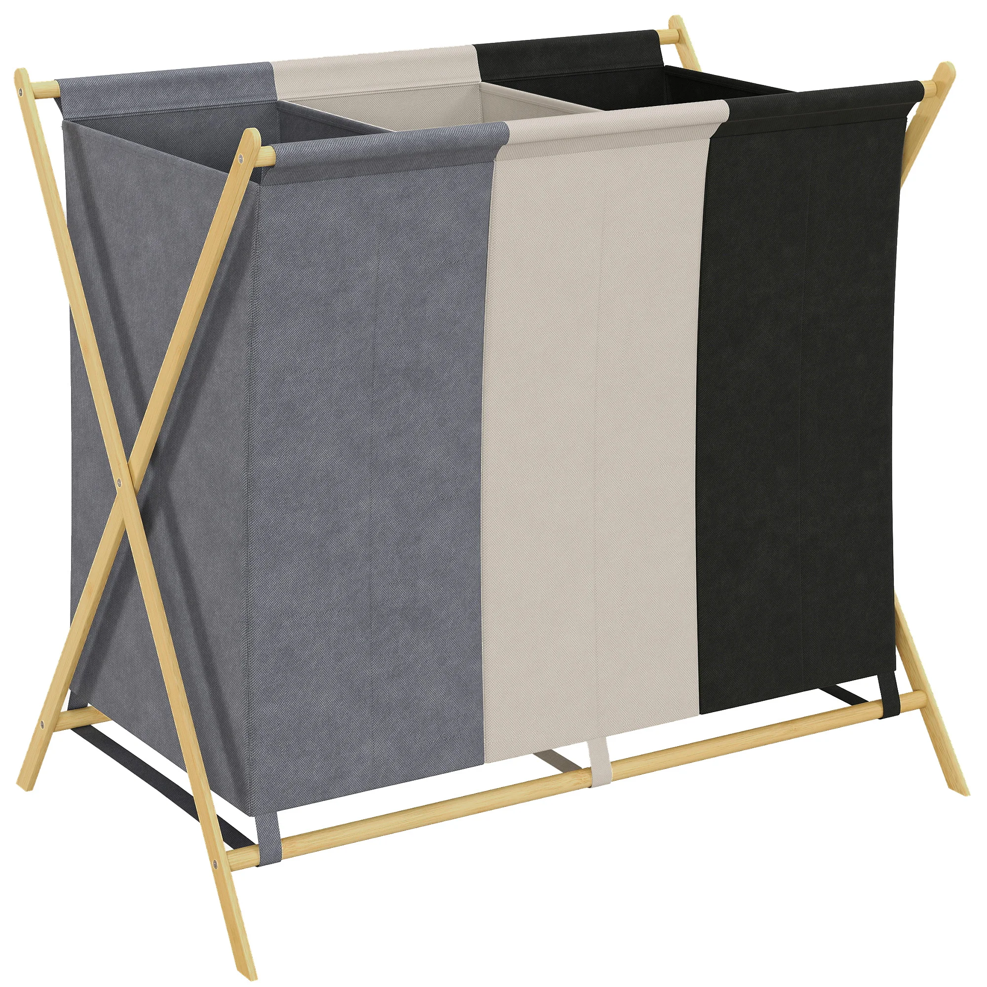 Cesto para Ropa Sucia Plegable con 3 Compartimentos Capacidad 129L con Marco de Bambú y Bolsas Extraíbles Multicolor