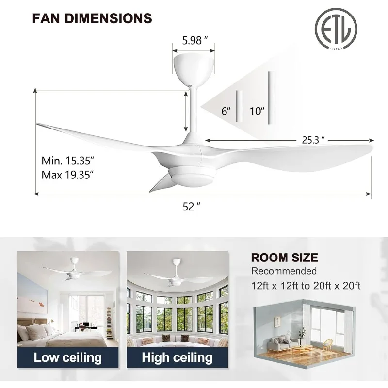 reiga 52 Inch Smart White Ceiling Fan with Dimmable Light and Remote Control, 3 Blades Modern Indoor Outdoor Ceiling Fans