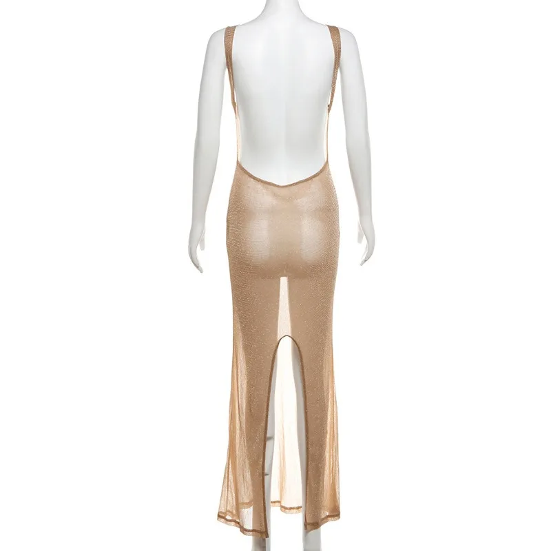 Maemukilabe-vestido coqueta de lencería transparente para mujer, vestido Sexy de fiesta para discoteca, brillante, sin mangas, sin espalda, ajustado, Maxi, pareo exótico