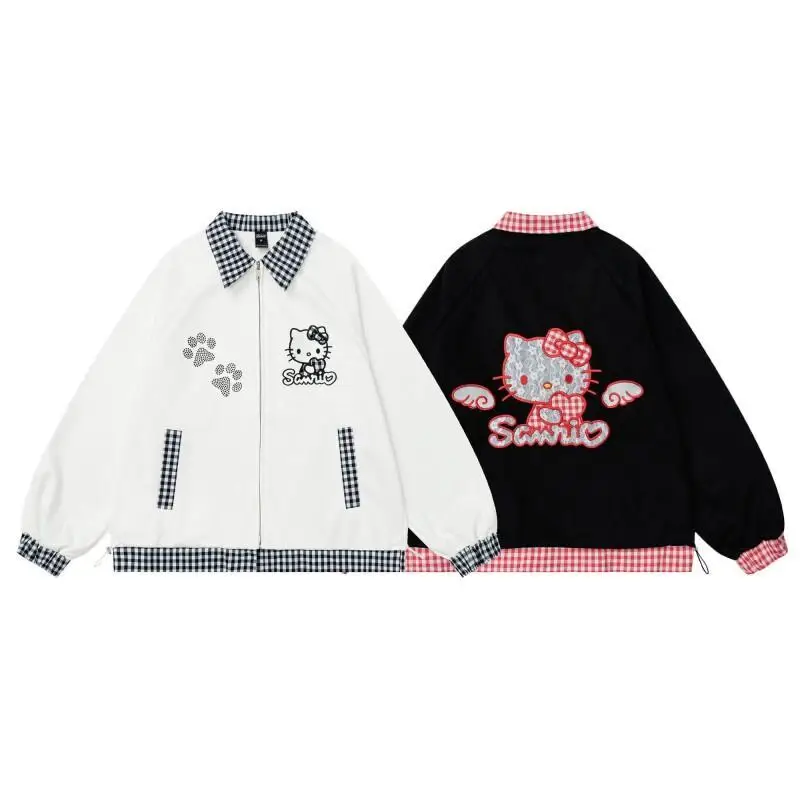 

Куртка Sanrio Hello Kitty из мягкой хлопковой смеси для девочек, весенне-осенняя, в стиле ретро, с вышивкой, в клетку, универсальная, с отложным воротником, верхняя одежда